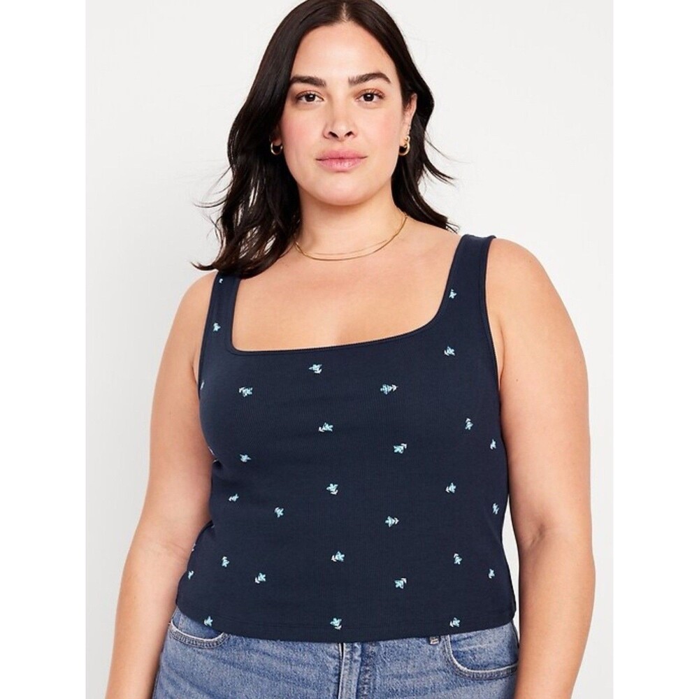 Old Navy Blue Floral Cotton Rib Knit Square Neck Ultra Crop Tank Women Size XL
